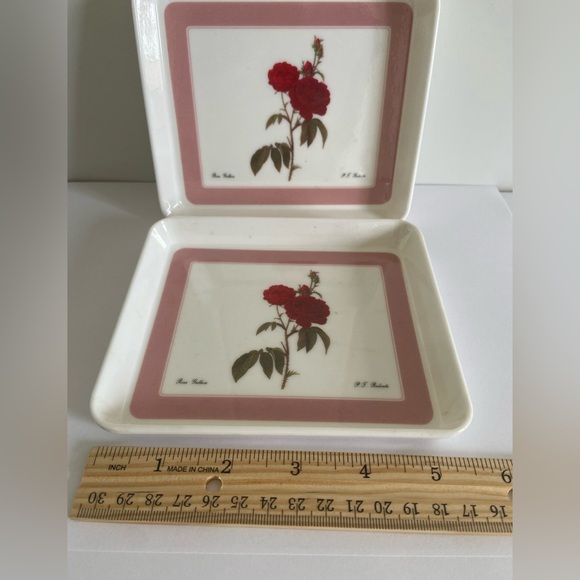 2 small red flower tray Rosa Gallica PT Redoute Design Imports art coaster Italy - Picture 5 of 15